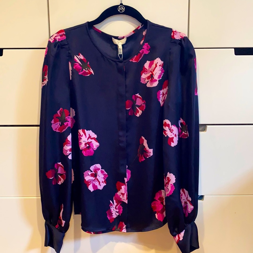 Joie navy/plum floral satin blouse, size L